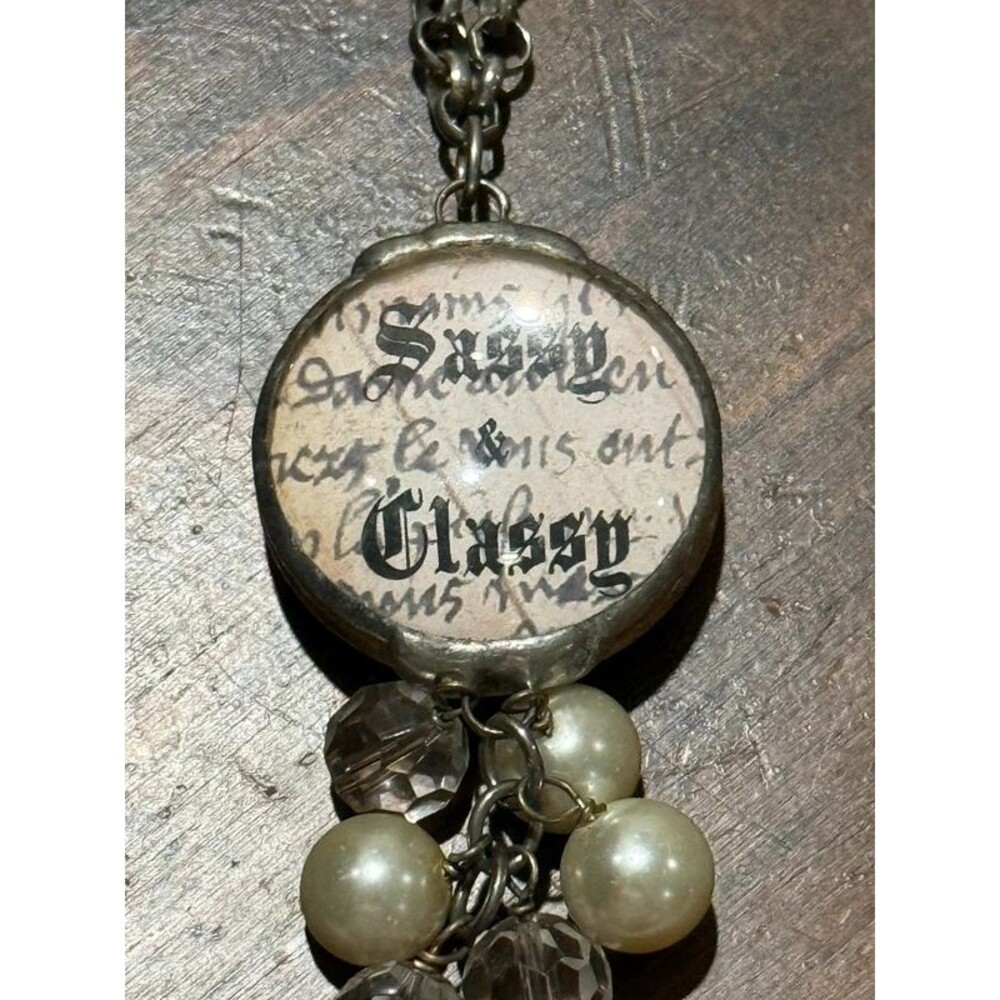 Vintage-Inspired Long Pendant Necklace with sassy Script Disc, Pearl & Crystal A